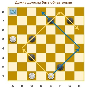 Дамка должна бить обязательно